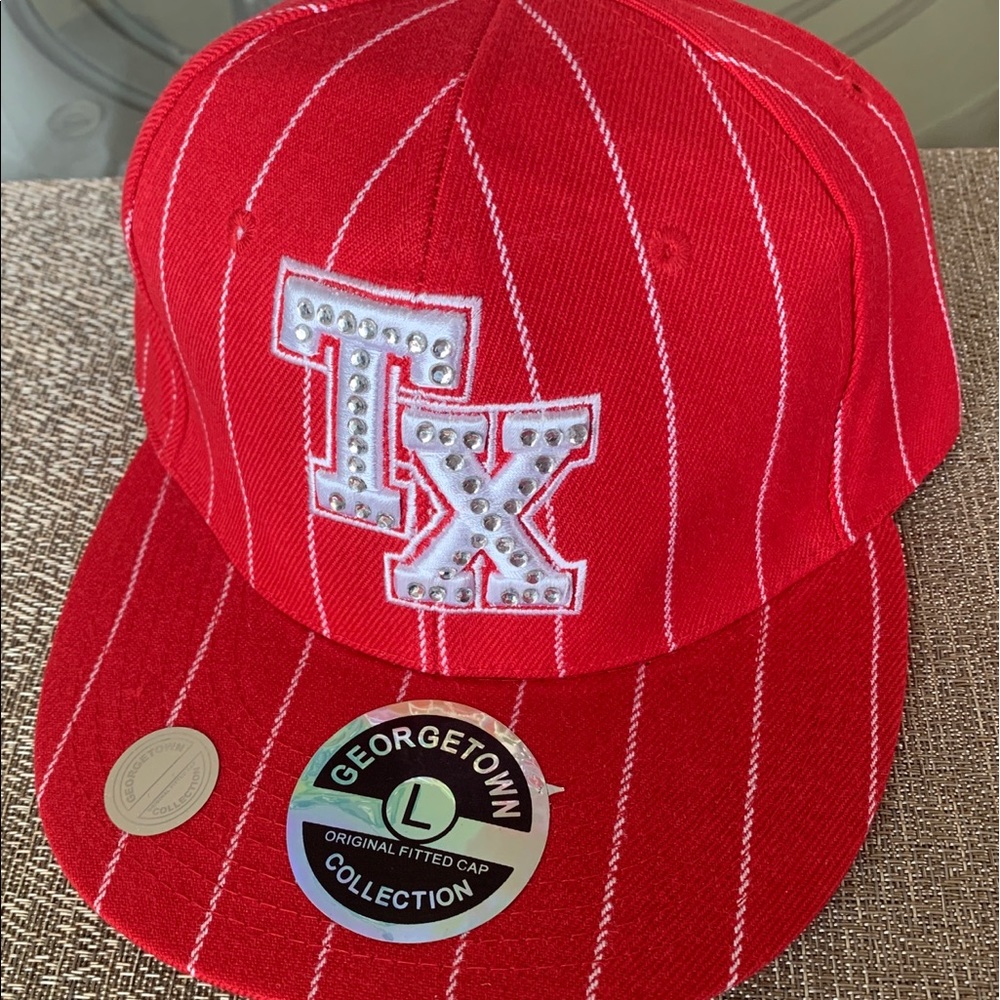 Red Hat with White Pinstripes and Flat Brim